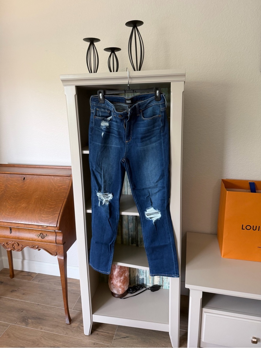 PAIGE Dark Blue Distressed Straight-Leg Jeans